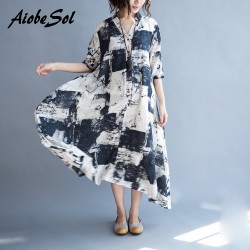 Plus Size Maxi Long Dresses Summer 2018 Cotton Linen Half Sleeve V-neck Printed Casual Loose Women Dress Vestidos Robe