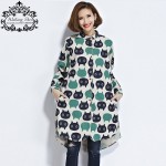 Plus Size New Women Blouse Dress Fashion Autumn Female Linen The Cat Print O-Neck Loose Sweet Dresses With Pocket Kawaii Blouse