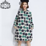 Plus Size New Women Blouse Dress Fashion Autumn Female Linen The Cat Print O-Neck Loose Sweet Dresses With Pocket Kawaii Blouse