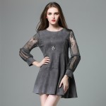 Plus Size Suede Dress Women Style Lace Sleeve Tunics Spliced Flared A Mini Dresses Grey Blue Plus Size xl-4xl,5xl