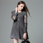 Plus Size Suede Dress Women Style Lace Sleeve Tunics Spliced Flared A Mini Dresses Grey Blue Plus Size xl-4xl,5xl