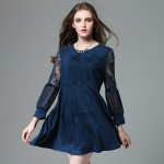 Plus Size Suede Dress Women Style Lace Sleeve Tunics Spliced Flared A Mini Dresses Grey Blue Plus Size xl-4xl,5xl