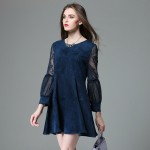 Plus Size Suede Dress Women Style Lace Sleeve Tunics Spliced Flared A Mini Dresses Grey Blue Plus Size xl-4xl,5xl