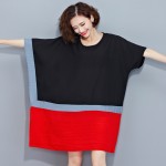 Plus Size Summer T-Shirt Striped Print Patchwork Dress Cotton Linen Female T Shirt Fashion Batwing Red and Black Loose Tops 4XL