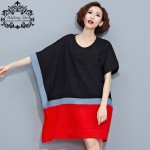 Plus Size Summer T-Shirt Striped Print Patchwork Dress Cotton Linen Female T Shirt Fashion Batwing Red and Black Loose Tops 4XL