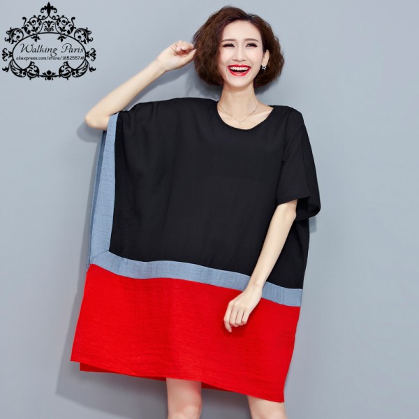 Plus Size Summer T-Shirt Striped Print Patchwork Dress Cotton Linen Female T Shirt Fashion Batwing Red and Black Loose Tops 4XL