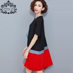 Plus Size Summer T-Shirt Striped Print Patchwork Dress Cotton Linen Female T Shirt Fashion Batwing Red and Black Loose Tops 4XL