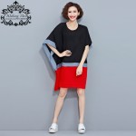 Plus Size Summer T-Shirt Striped Print Patchwork Dress Cotton Linen Female T Shirt Fashion Batwing Red and Black Loose Tops 4XL