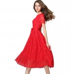 Plus Size Summer Vintage Midi Long Flared Women Lace Dress Red Black Lace Women Clothing Robe Femme Ete 2016 Vestidos Jurken