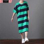 Plus Size Women Cotton Dress Striped Soft Summer Dress Long T-Shirt Female Casual Fashion Black White Split Basic New Dresses