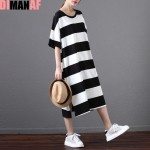 Plus Size Women Cotton Dress Striped Soft Summer Dress Long T-Shirt Female Casual Fashion Black White Split Basic New Dresses