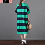 Plus Size Women Cotton Dress Striped Soft Summer Dress Long T-Shirt Female Casual Fashion Black White Split Basic New Dresses