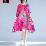 Plus Size Women Dress Summer Pattern Floral Print Female Vintage Loose Linen Fashion Blue Tops A-line Elegant Elegant Dress 3XL