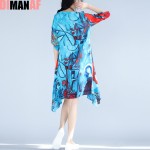 Plus Size Women Dress Summer Pattern Floral Print Female Vintage Loose Linen Fashion Blue Tops A-line Elegant Elegant Dress 3XL