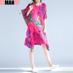 Plus Size Women Dress Summer Pattern Floral Print Female Vintage Loose Linen Fashion Blue Tops A-line Elegant Elegant Dress 3XL