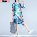 Plus Size Women Dress Summer Pattern Floral Print Female Vintage Loose Linen Fashion Blue Tops A-line Elegant Elegant Dress 3XL