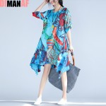 Plus Size Women Dress Summer Pattern Floral Print Female Vintage Loose Linen Fashion Blue Tops A-line Elegant Elegant Dress 3XL