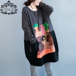 Plus Size Women T-Shirt Autumn Thickening Cotton Female Bear Print Loose Long Full Sleeve Big Size Patchwork Dress With Pocket
