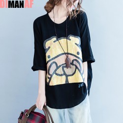 Plus Size Women T-Shirt Soft Cotton Kawaii Bear Summer Tops&Tees Female Casual Fashion O-Neck Basic Big Size Black Loose T-Shirt