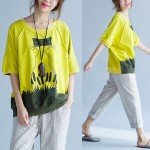 Plus Size Women T-Shirt Summer Cat Pattern Print  Female Large Size Loose Cotton Fashion Pullover O-Neck Yellow 2017 Tops&Tees