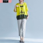Plus Size Women T-Shirt Summer Cat Pattern Print  Female Large Size Loose Cotton Fashion Pullover O-Neck Yellow 2017 Tops&Tees