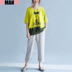 Plus Size Women T-Shirt Summer Cat Pattern Print  Female Large Size Loose Cotton Fashion Pullover O-Neck Yellow 2017 Tops&Tees
