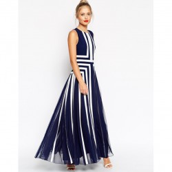 Plus Size Women Vintage Color Block High Waist Splice Mesh Fit Flare Sleeveless Maxi Long Summer Dress Work Office Party Dresses