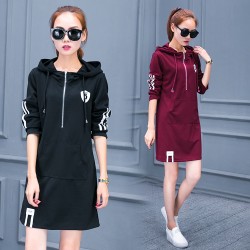 Plus Size Women dress Hooded Full Sleeve Fat Younger Sister Long Movement Fleece Dresses Black Wine Red 8137