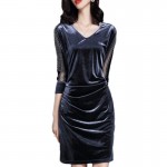 Plus Size Women's Velvet Dresses 2017 Spring Elegant Ladies Casual Work Wear Office Dress Sexy Mesh Hollow Out Party Dress Robe