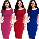 Plus Size Womens Casual Short Sleeve Solid Buttons Bodycon Dresses Elegant Office Ladies Round Neck Pencil Dress With Pocket 832