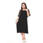 Plus Size casual dress women with lace short sleeve patchwork Black loose dress  Cotton party dress summer 3XL-7XL  087