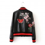Plus size 2017 autumn women street black embroidery flower printing pu leather baseball jacket long sleeve luxury bomber jacket