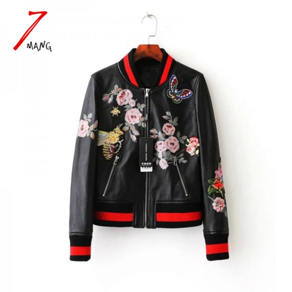 Plus size 2017 autumn women street black embroidery flower printing pu leather baseball jacket long sleeve luxury bomber jacket