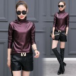 Plus size 4XL t-shirts women harajuku sexy long sleeve Turtleneck velvet t shirt female tops american apparel PU Leather t shirt