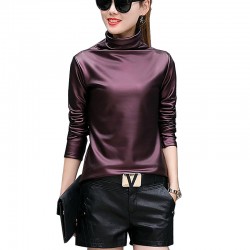 Plus size 4XL t-shirts women harajuku sexy long sleeve Turtleneck velvet t shirt female tops american apparel PU Leather t shirt