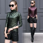 Plus size 4XL t-shirts women harajuku sexy long sleeve Turtleneck velvet t shirt female tops american apparel PU Leather t shirt