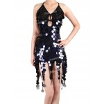 PrettyGuide Women Laser Sequins Backless Hanging Coppers Swing Latin Dance Dress Sexy Ballroom Dress