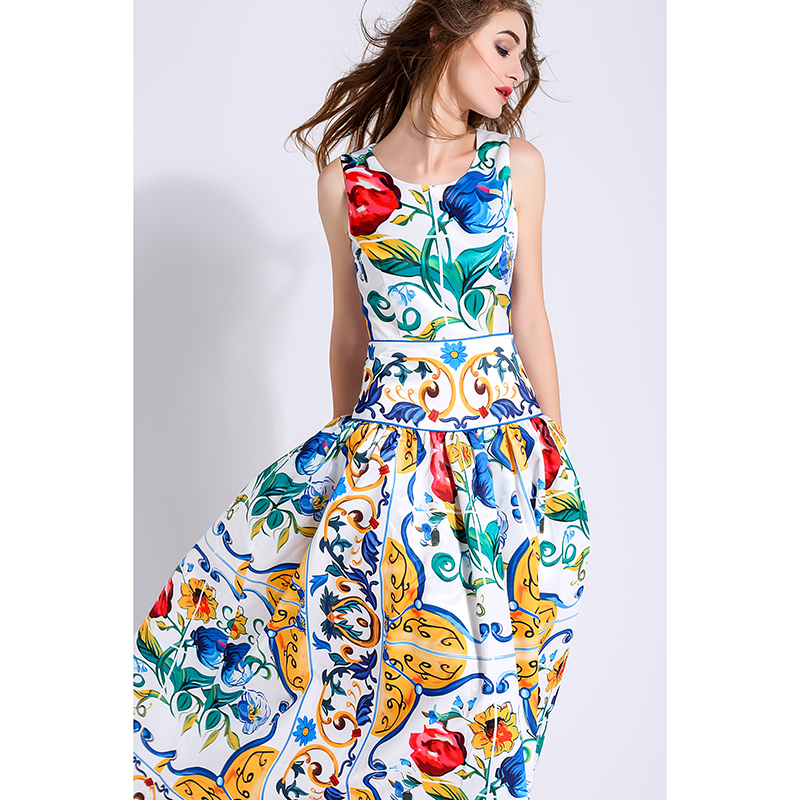 Print Dress 2017 Summer Fashion Elegant Sleeveless Blue and White