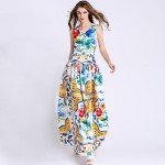 Print Dress 2017 Summer Fashion Elegant Sleeveless Blue and White Porcelain Print Slim Maxi Long Dress Women