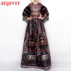 Print Long Dress Embroidery 2017 Spring Europe New Fashion High Quality Retro Half Sleeve Floor-Length XXL Ball Gown Women Dress