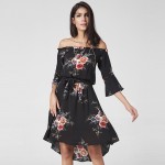 Printed off shoulder high waist slash-neck knee-length flare half sleeve asymmetrical dress 2017 new spring women dress fashion
