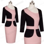 Professional Women Autumn Casual Wear To Work Elegant Colorblock Contrasting Bodycon Dresses EB348
