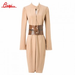 Qiqi Korean Womens Elegant Vintage Slim Autumn Khaki Party Dresses OL Office Work Tunic Bodycon Sheath Casual Pencil Dresses