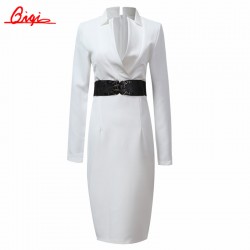 Qiqi Pencil Sheath White Vestidos Women Dress New spring Autumn Fashion Slim Sexy OL V-neck Long Sleeve Buiness Bodycon Dresses