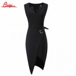 Qiqi Summer Elegant Women Business Dress V-neck Sexy Split black OL Office Work Tunic Bodycon Sheath Casual Pencil Dresses