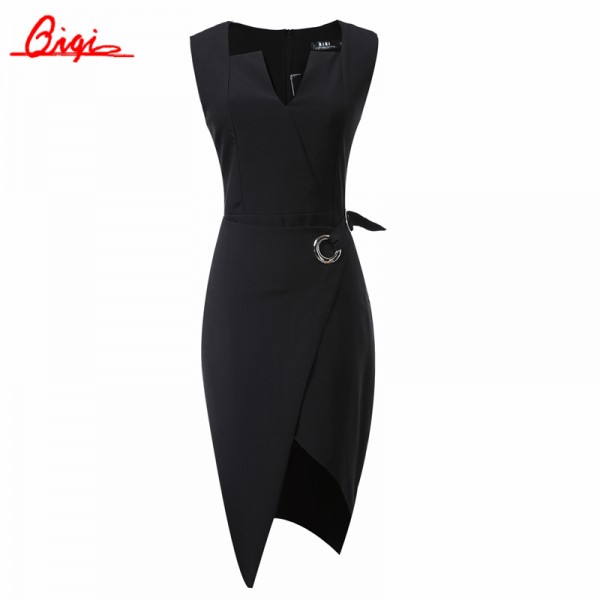 Qiqi Summer Elegant Women Business Dress V-neck Sexy Split black OL Office Work Tunic Bodycon Sheath Casual Pencil Dresses