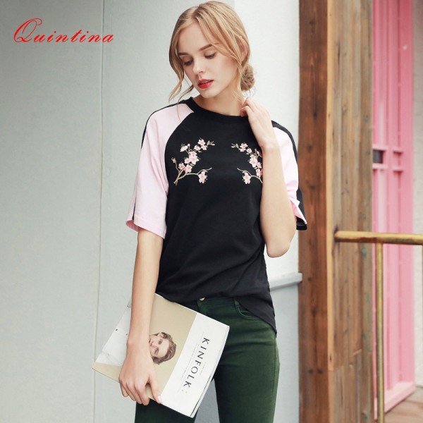 Quintina New Fashion Women Shirt Embroidery O-Neck Summer T-Shirt For Women Harajuku Short Sleeve Women Tops 