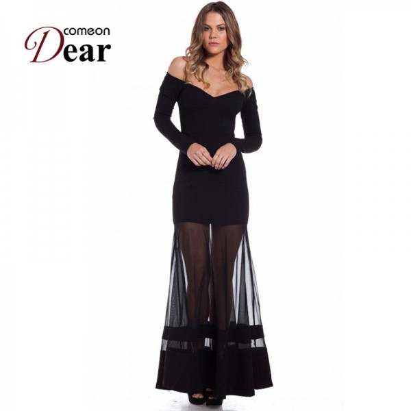 R70229  Elegant off the shoulder women's long dress fashion 2017 new good quality black dress full sleeve sexy maxi dresses long