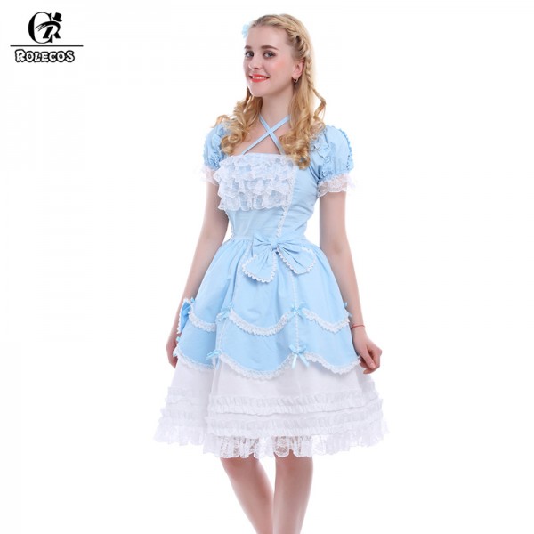 ROLECOS New Blue/Pink Sweet Lolita Dresses Women Gothic Maid Cosplay Costume Ball Gown Vintage Bowknot Dress GC133