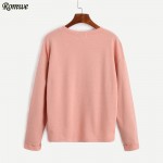 ROMWE Casual Tee Shirts For Women Autumn Plain Pink Round Neck Long Sleeve Drop Shoulder High Low Cuffed T-shirt